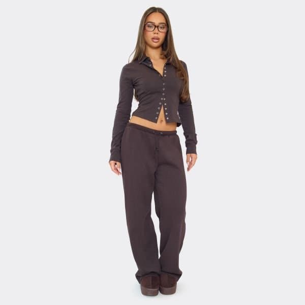 EGO Low Rise Wide Leg Detail Joggers In Chocolate Brown, Women's Size UK 6