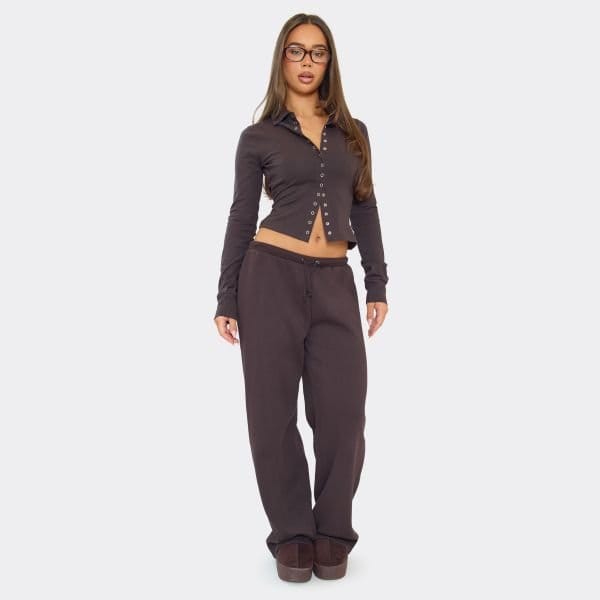 EGO Low Rise Wide Leg Detail Joggers In Chocolate Brown, Women's Size UK 6 - 1