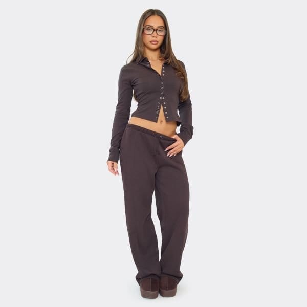 EGO Low Rise Wide Leg Detail Joggers In Chocolate Brown, Women's Size UK 6 - 2