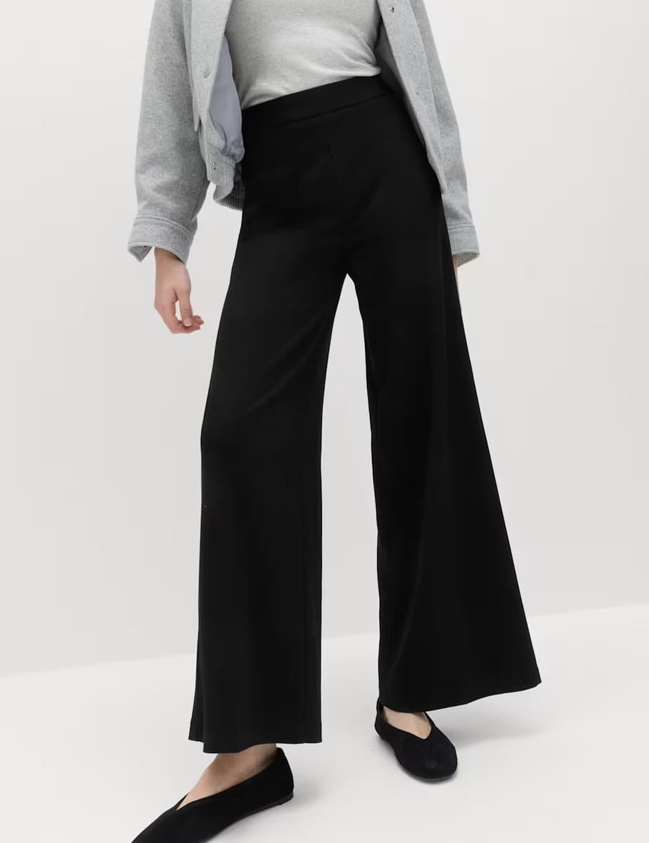 Marks & Spencer M&S Jersey Wide Leg Trousers with Stretch in Black