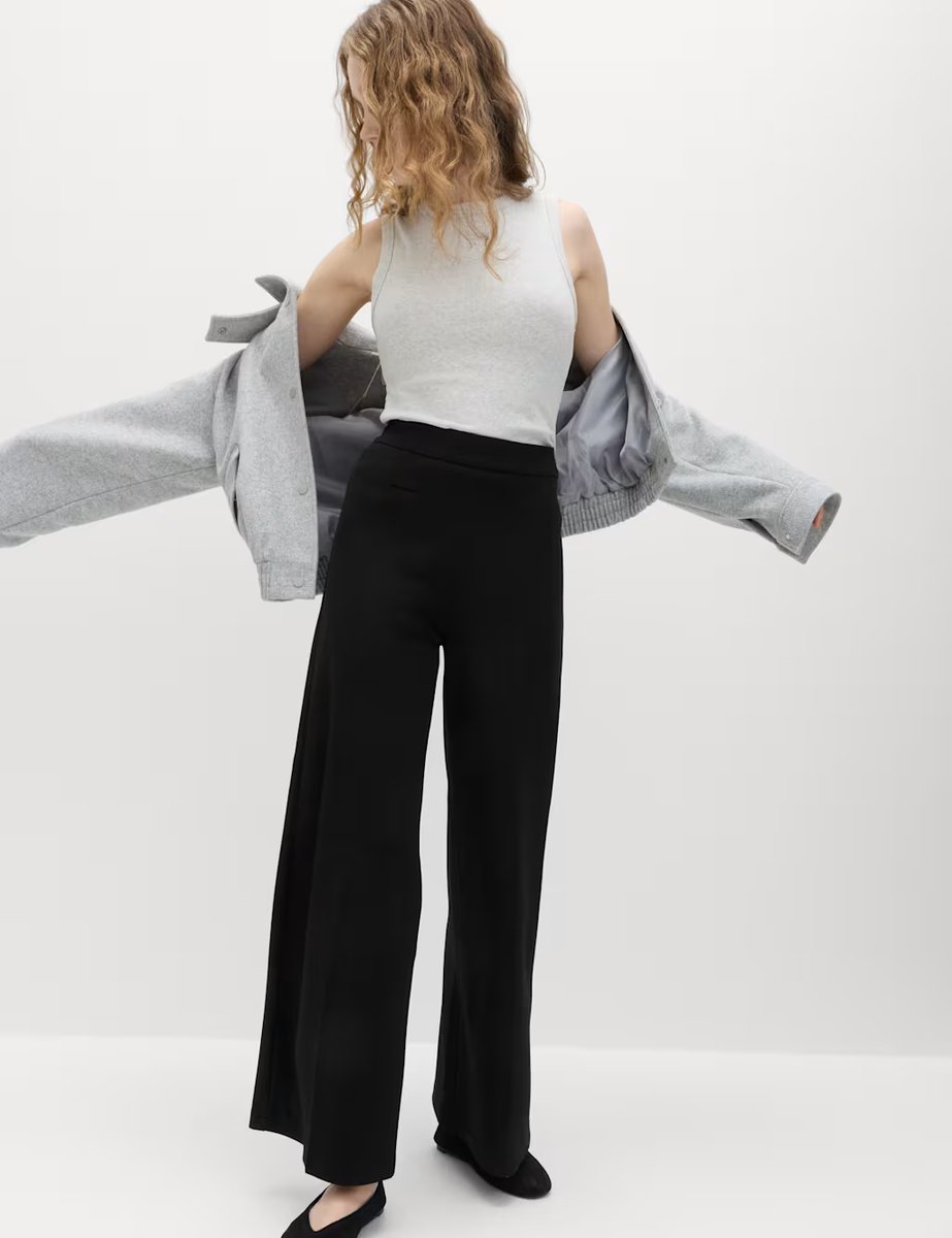 Marks & Spencer M&S Jersey Wide Leg Trousers with Stretch Black - 3