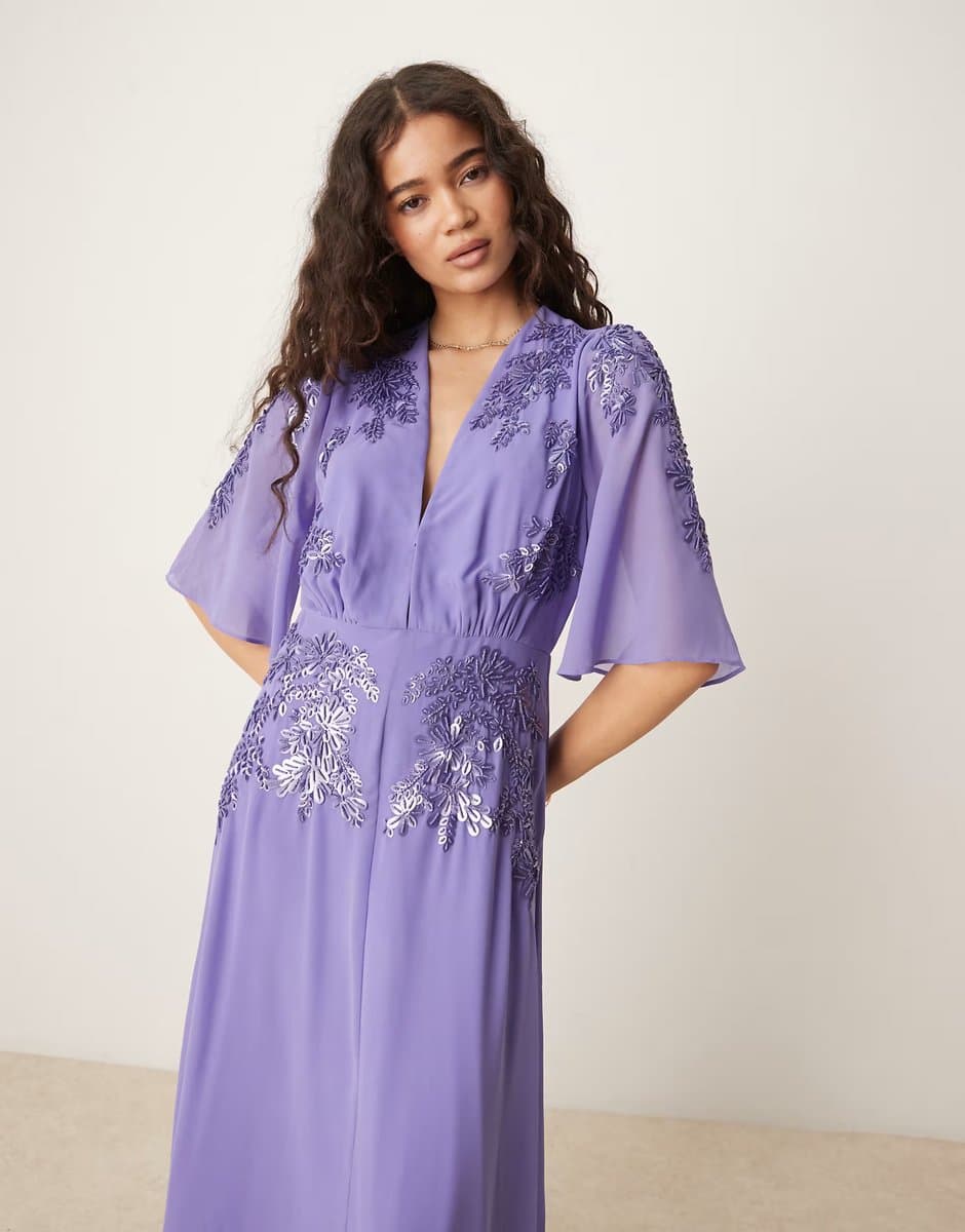 ASOS Hope & Ivy Hartley Plunge Front Embellished Maxi Dress with Flutter Sleeves in Purple