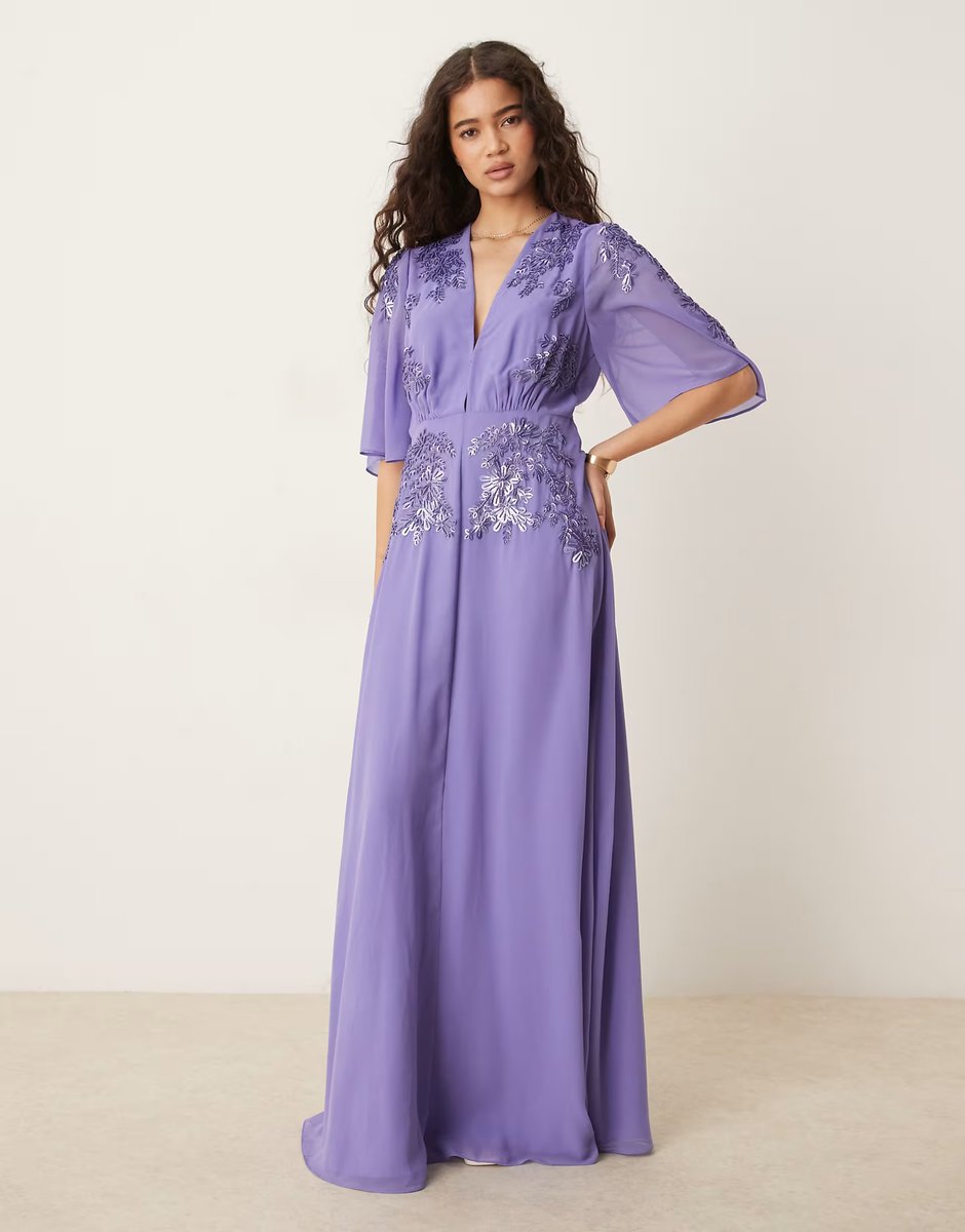ASOS Hope & Ivy Hartley Plunge Front Embellished Maxi Dress with Flutter Sleeves in Purple - 3