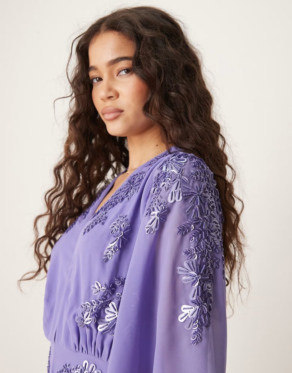 ASOS Hope & Ivy Hartley Plunge Front Embellished Maxi Dress with Flutter Sleeves in Purple - 4
