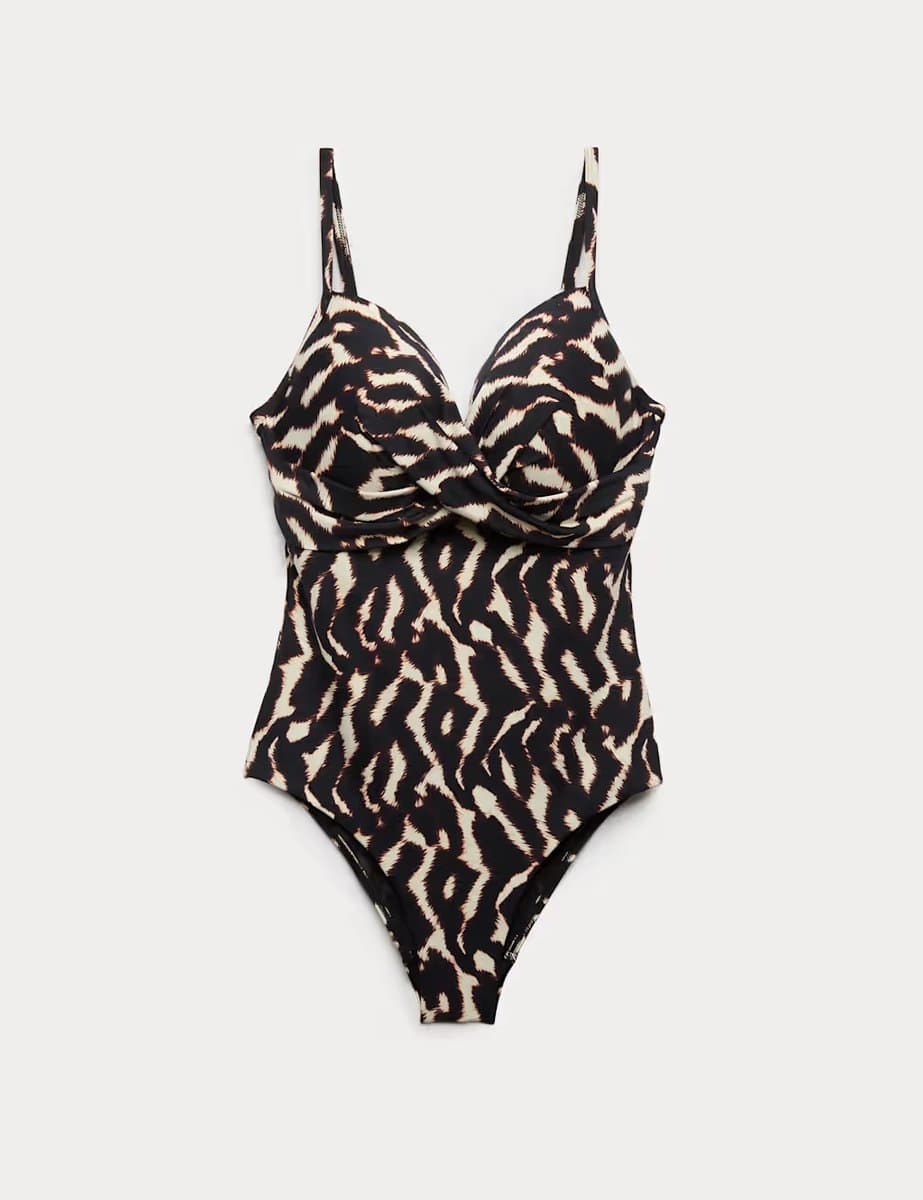 Marks & Spencer M&S Tummy Control Wired Twist Front Plunge Swimsuit (D-F) Brown Mix