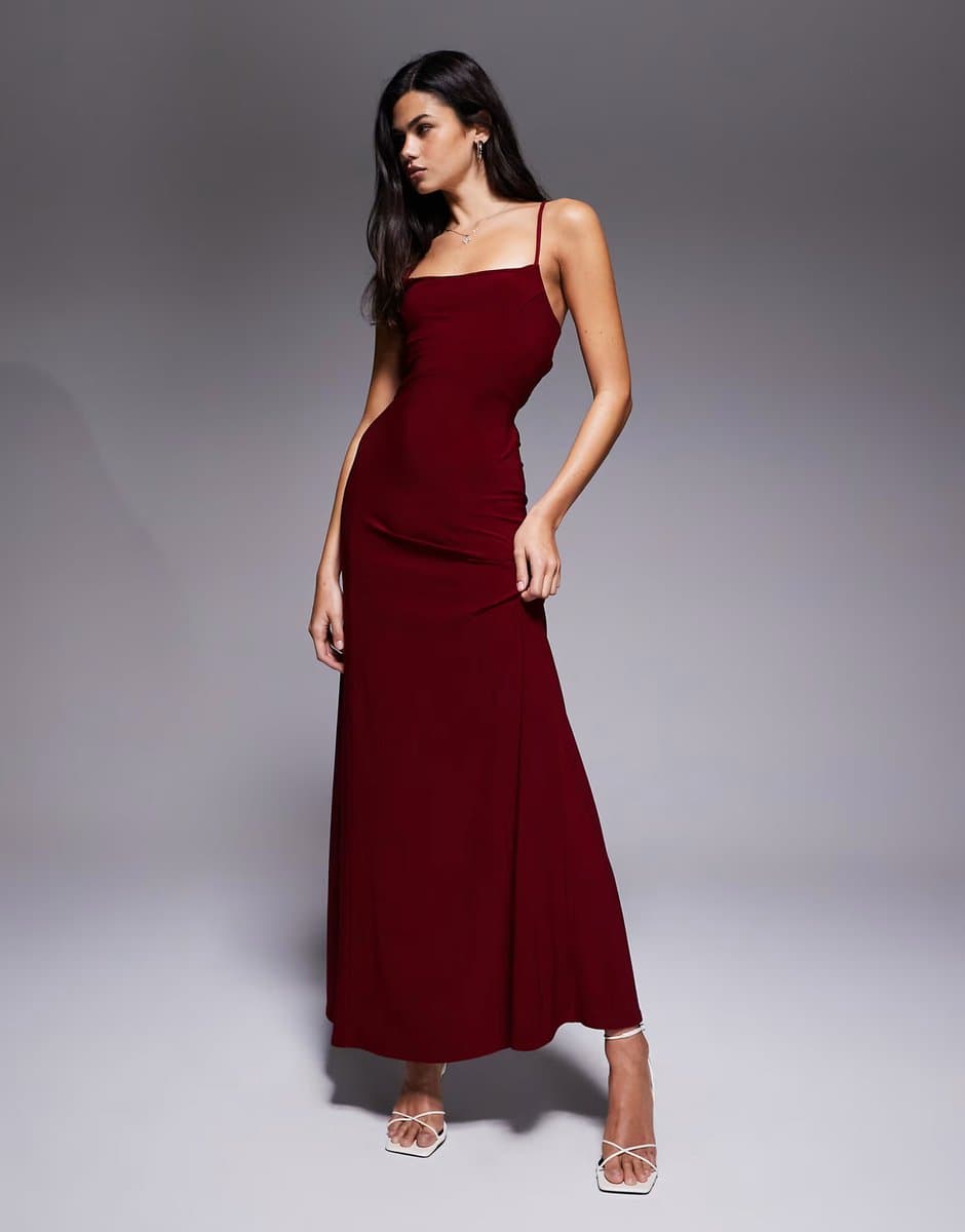 ASOS ASOS DESIGN lace up back maxi slip dress in burgundy
