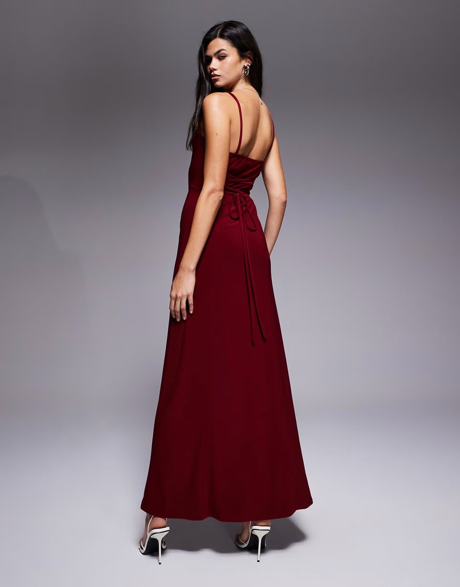 ASOS ASOS DESIGN lace up back maxi slip dress in burgundy - 3