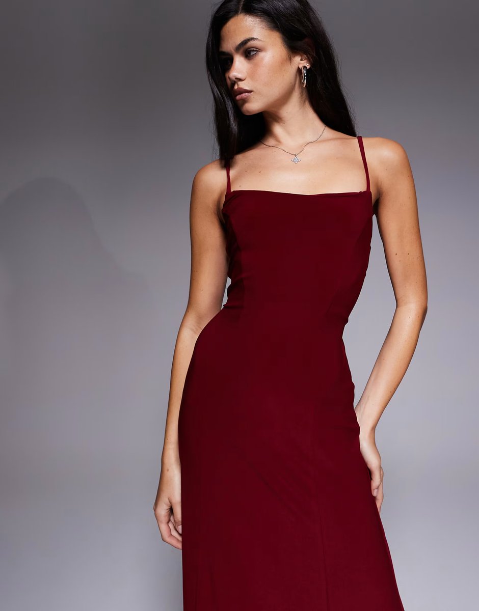 ASOS ASOS DESIGN lace up back maxi slip dress in burgundy - 4