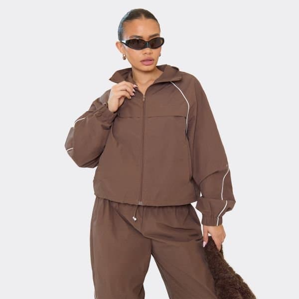 EGO Long Sleeve Oversized Contrast Toggle Detail Jacket In Chocolate Brown Shell, Women's Size UK 6