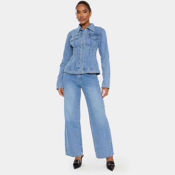 EGO Mid Rise Wide Leg Fit Jeans In Blue Wash Denim, Women's Size UK 6