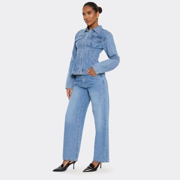 EGO Mid Rise Wide Leg Fit Jeans In Blue Wash Denim, Women's Size UK 6 - 2