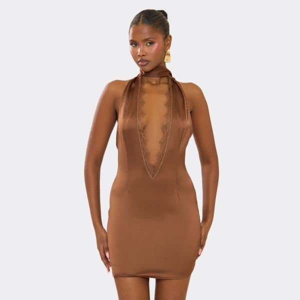 EGO Scarf Detail Lace Trim Plunge Detail Mini Dress In Brown Satin, Women's Size UK 6