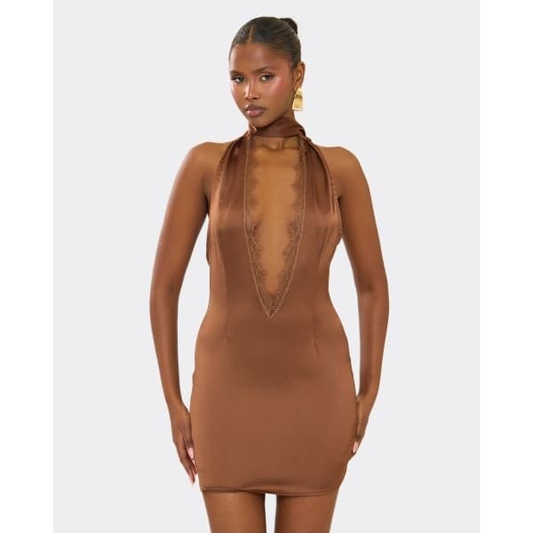 EGO Scarf Detail Lace Trim Plunge Detail Mini Dress In Brown Satin, Women's Size UK 6 - 2
