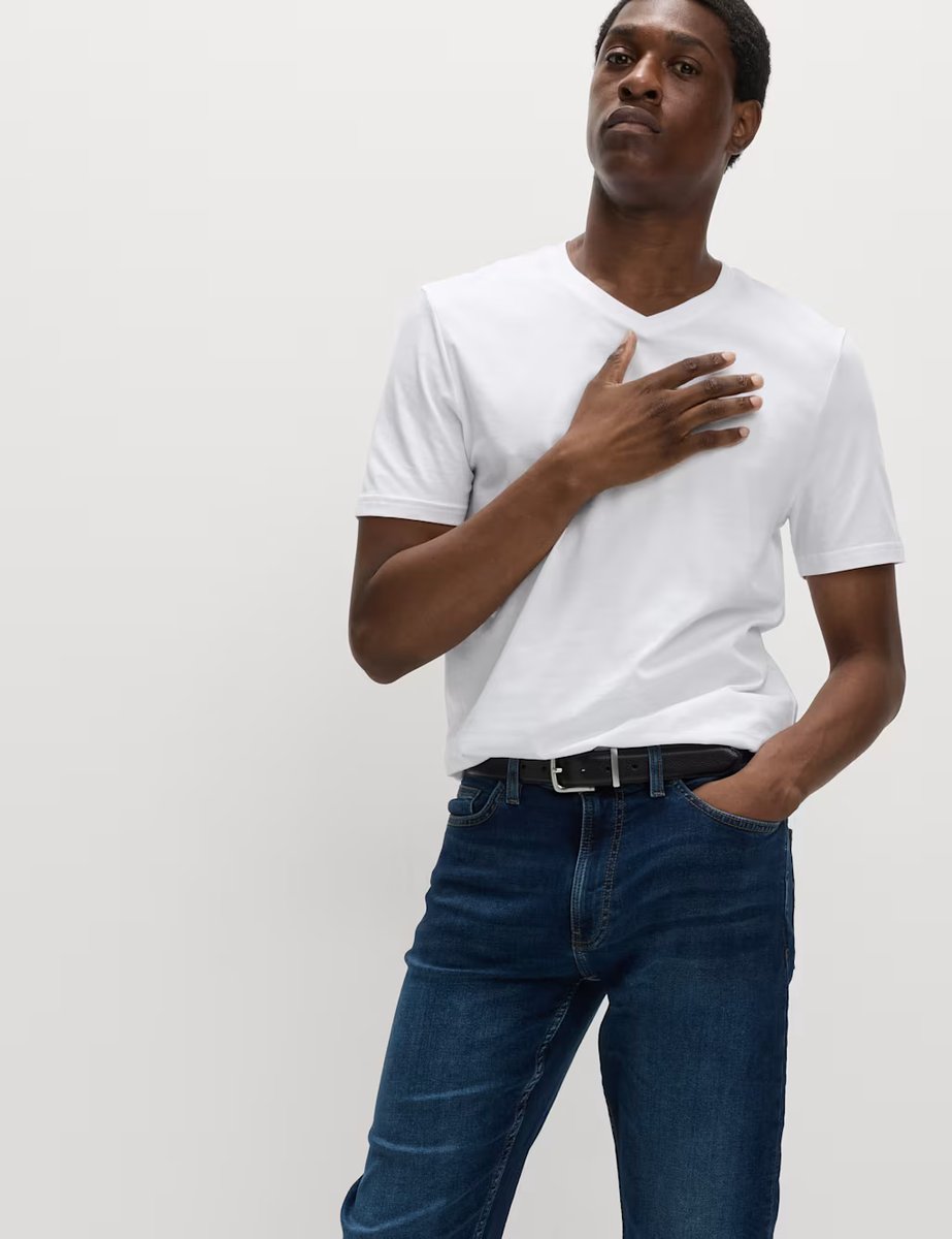 Marks & Spencer M&S Pure Cotton V Neck T-Shirt White - 3