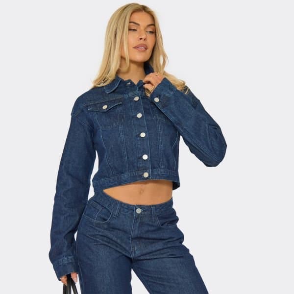 EGO Button Down Seam Detail Cropped Denim Jacket In Indigo Blue Denim, Women's Size UK 6