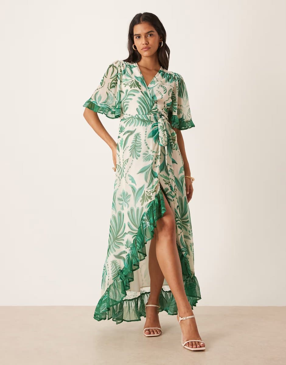 ASOS Hope & Ivy The clarissa contrast print frill sleeve maxi wrap dress with tie waist in green and white