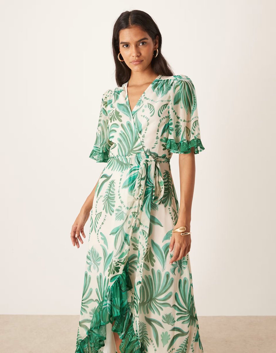 ASOS Hope & Ivy The clarissa contrast print frill sleeve maxi wrap dress with tie waist in green and white - 3