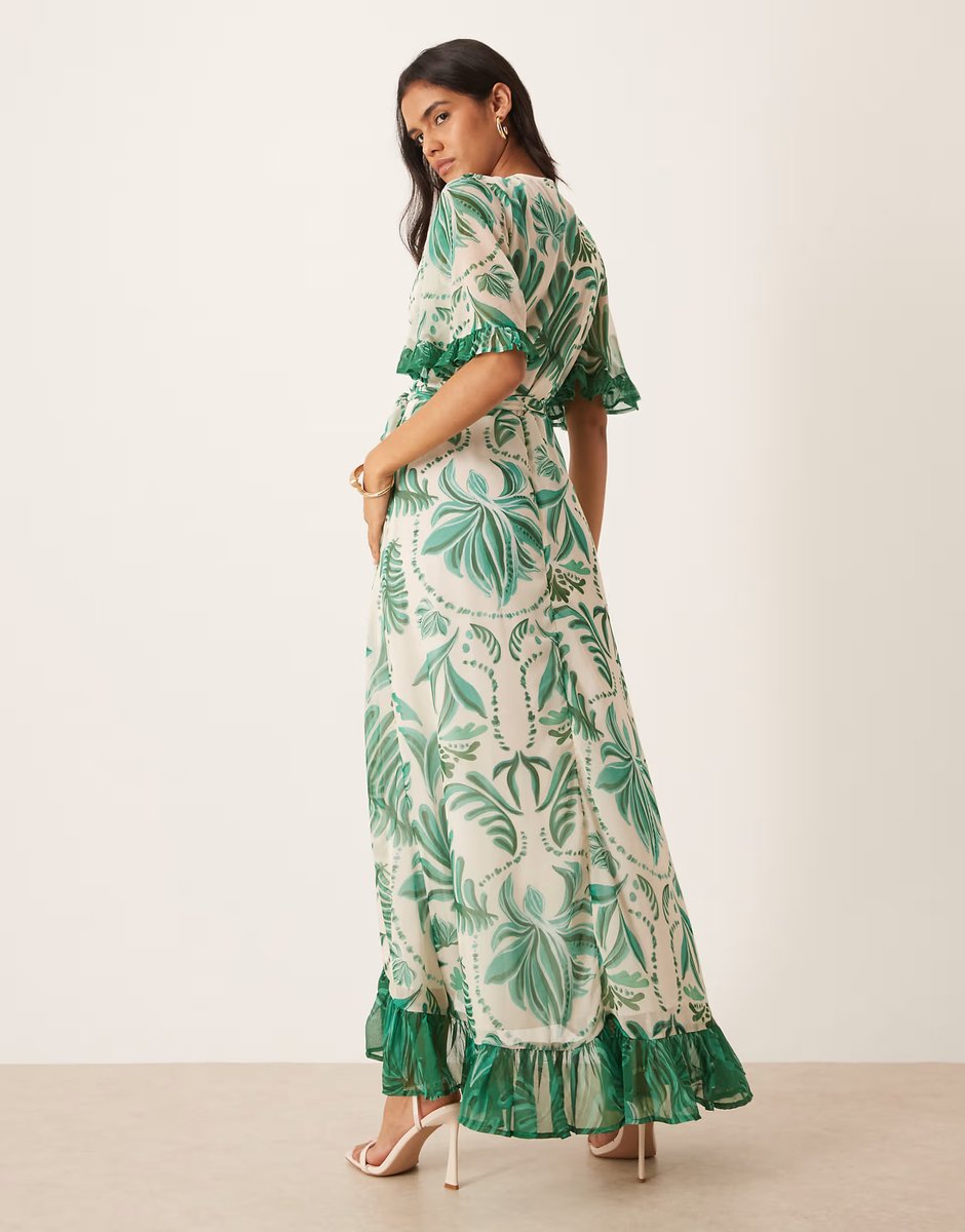 ASOS Hope & Ivy The clarissa contrast print frill sleeve maxi wrap dress with tie waist in green and white - 4