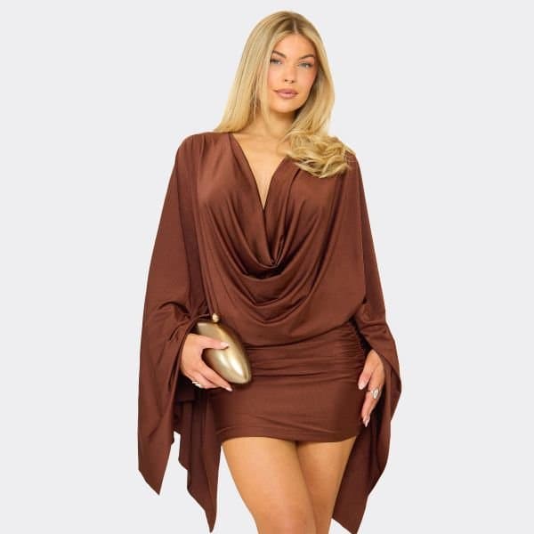 EGO Exaggerated Sleeve Cowl Front Cape Detail Mini Dress In Chocolate Brown, Women's Size UK 6