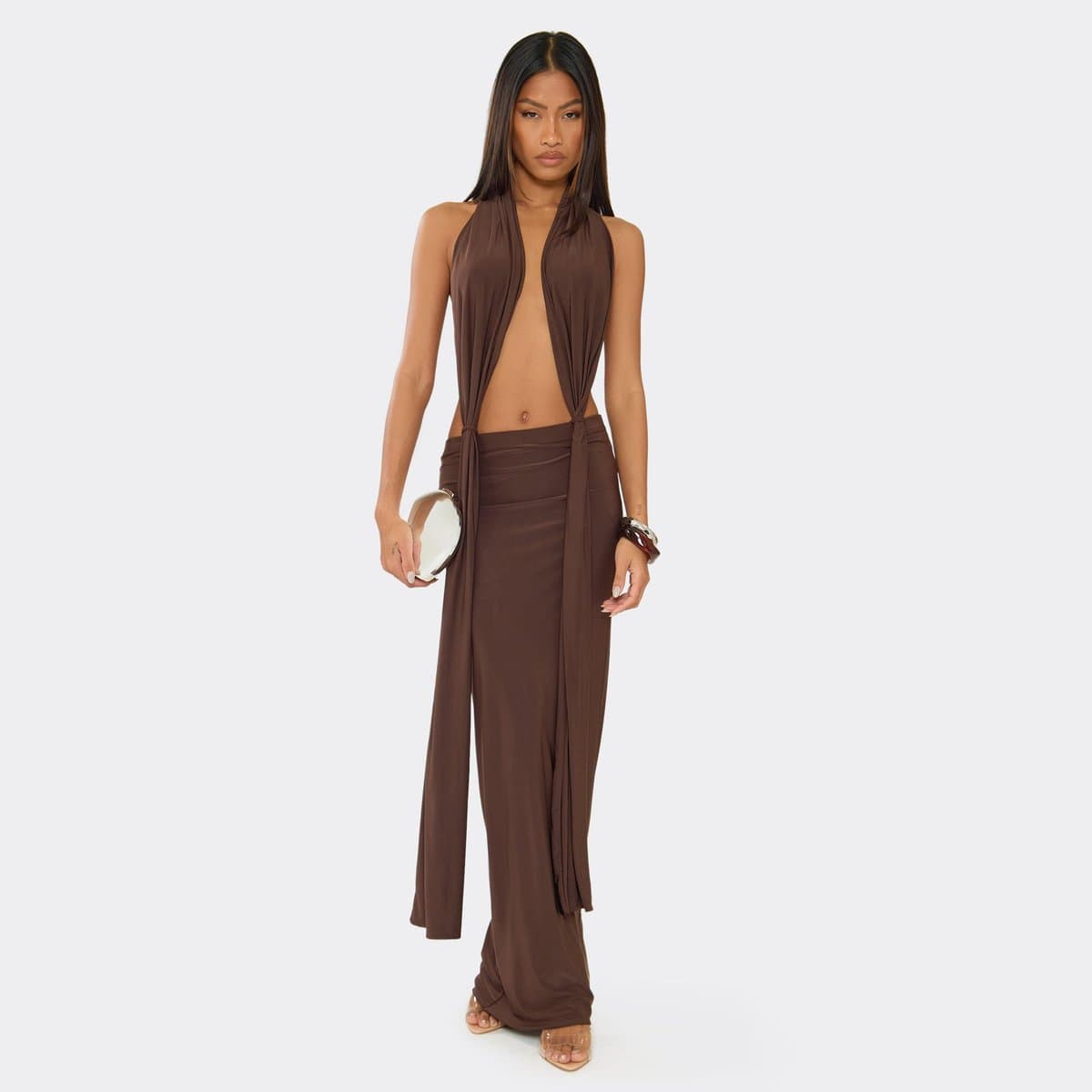 EGO Halterneck Plunge Front Knot Detail Maxi Dress In Chocolate Brown, Women's Size UK 6