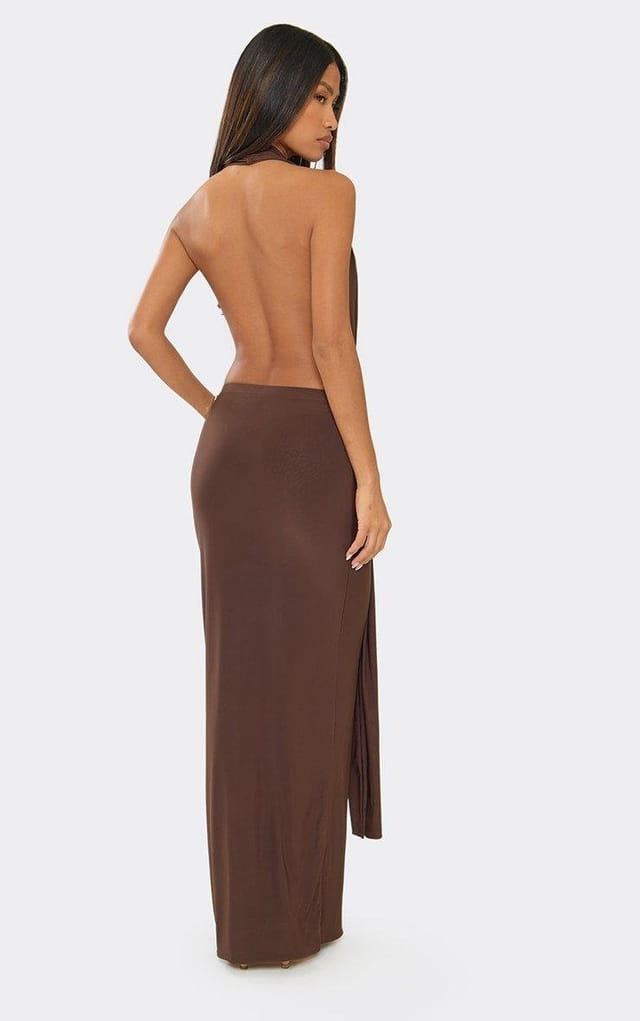 EGO Halterneck Plunge Front Knot Detail Maxi Dress In Chocolate Brown, Women's Size UK 6 - 2