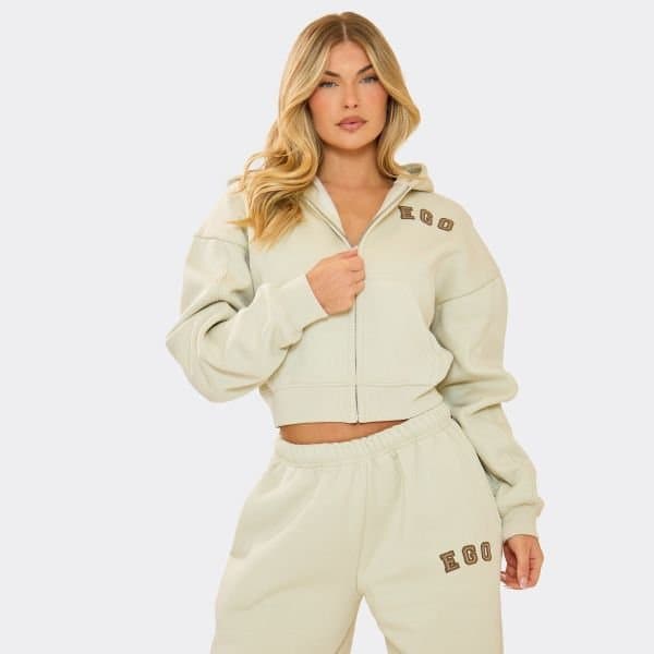 EGO Embroidered Graphic Detail Shrunken Boxy Zip Up Hoodie In Ecru, Women's Size UK 6