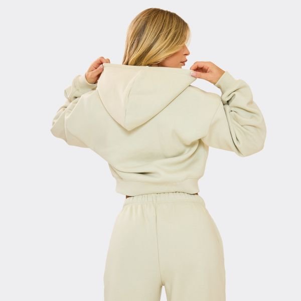 EGO Embroidered Graphic Detail Shrunken Boxy Zip Up Hoodie In Ecru, Women's Size UK 6 - 2