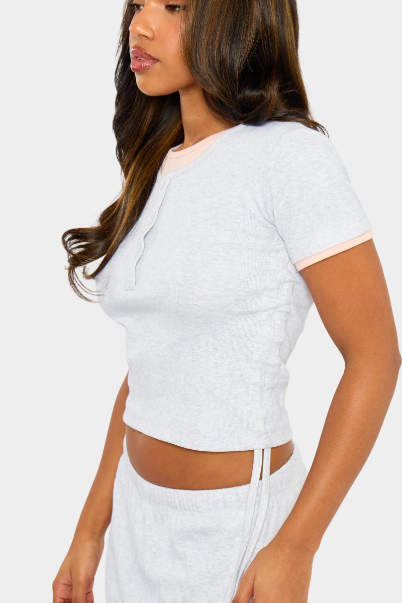 Kaiia Kaiia Ribbed Double Layered Ruched Top Light Grey Marl & Pink - 2