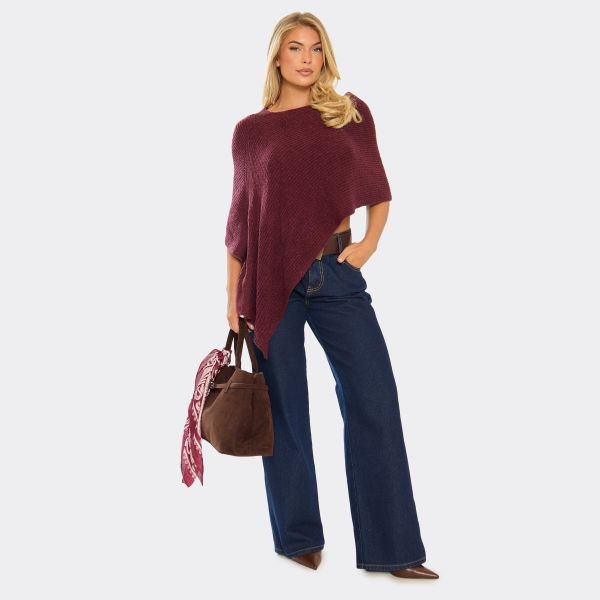 EGO Off The Shoulder Cape Detail Top In Burgundy Textured Knit, Women's Size UK Large L - 2