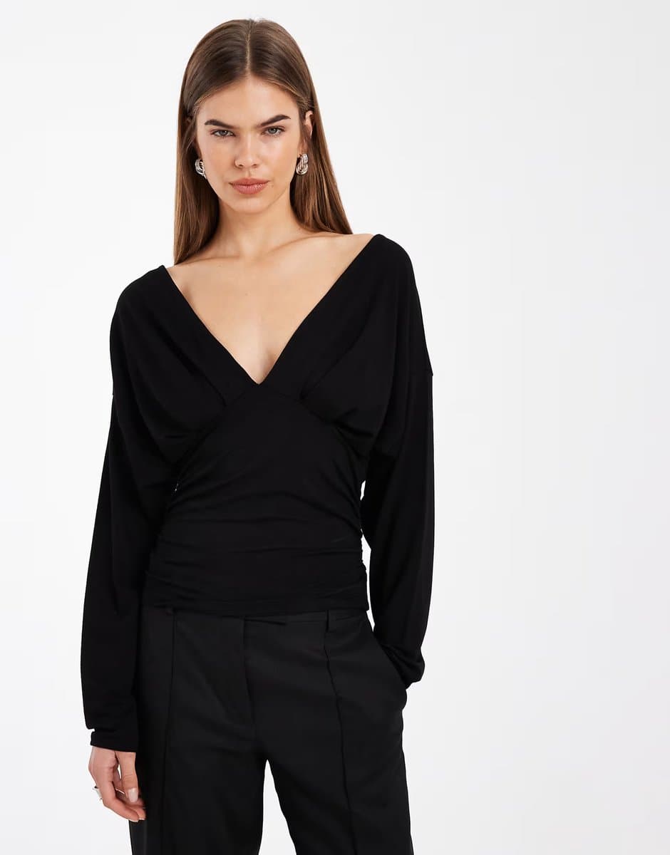 ASOS ASOS DESIGN plunge neck batwing cinched top in black