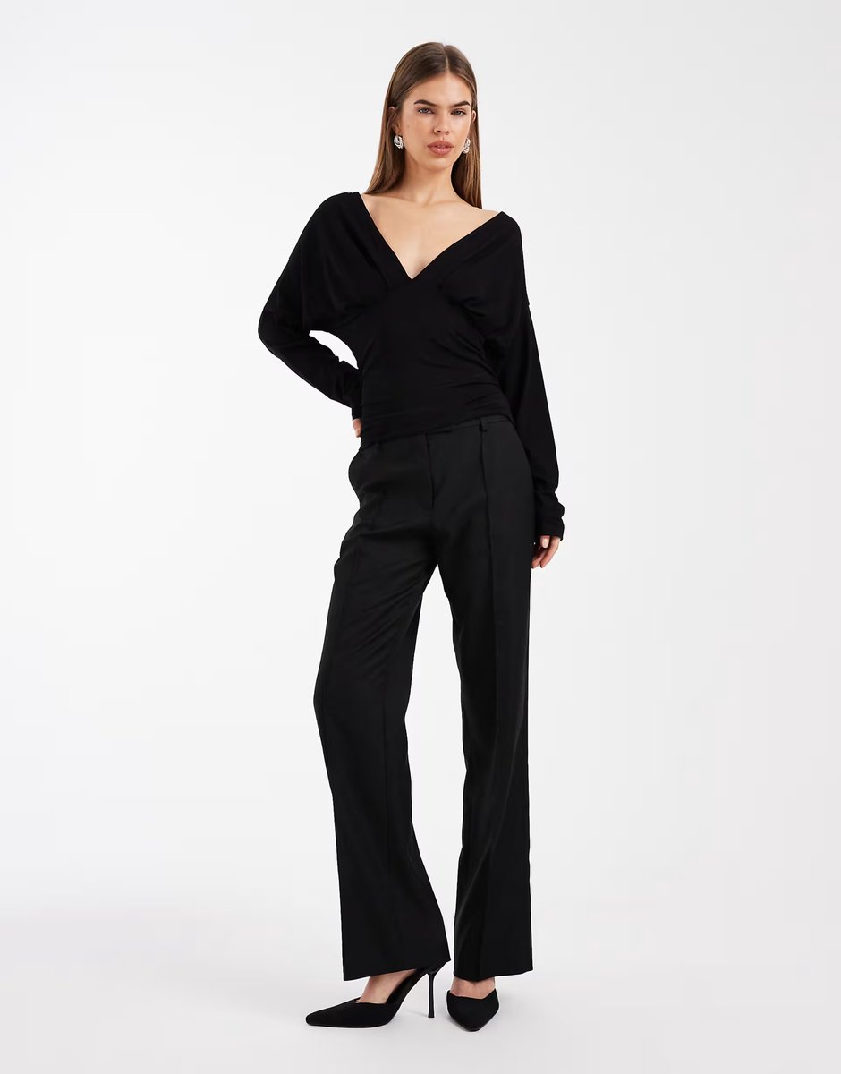 ASOS ASOS DESIGN plunge neck batwing cinched top in black - 2