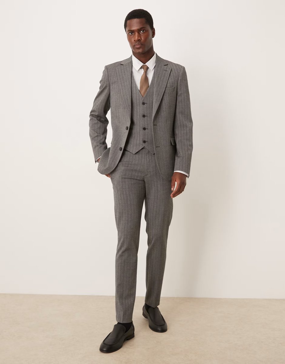 ASOS ASOS DESIGN wool look skinny suit jacket in charcoal grey herringbone - 2