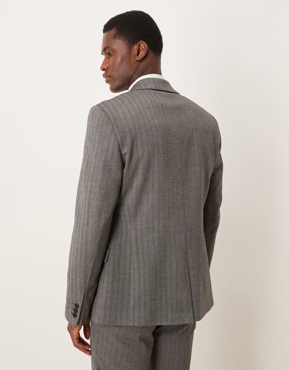 ASOS ASOS DESIGN wool look skinny suit jacket in charcoal grey herringbone - 3