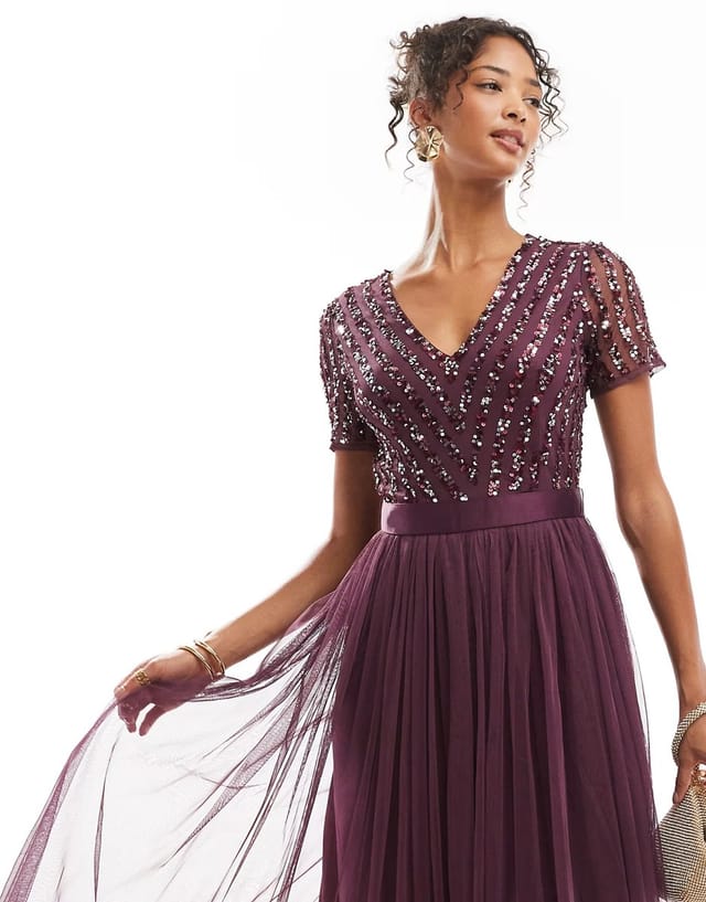 ASOS Maya Belted stripe embellished bridesmaid maxi dress in berry - 3