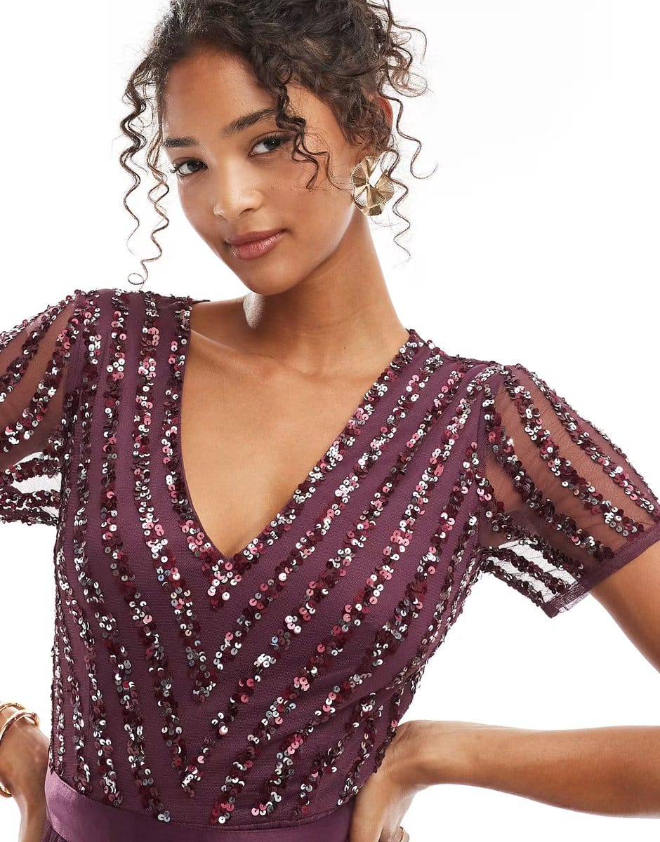 ASOS Maya Belted stripe embellished bridesmaid maxi dress in berry - 4