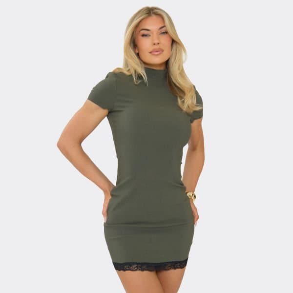 EGO High Neck Lace Hem Mini Dress In Khaki, Women's Size UK 6