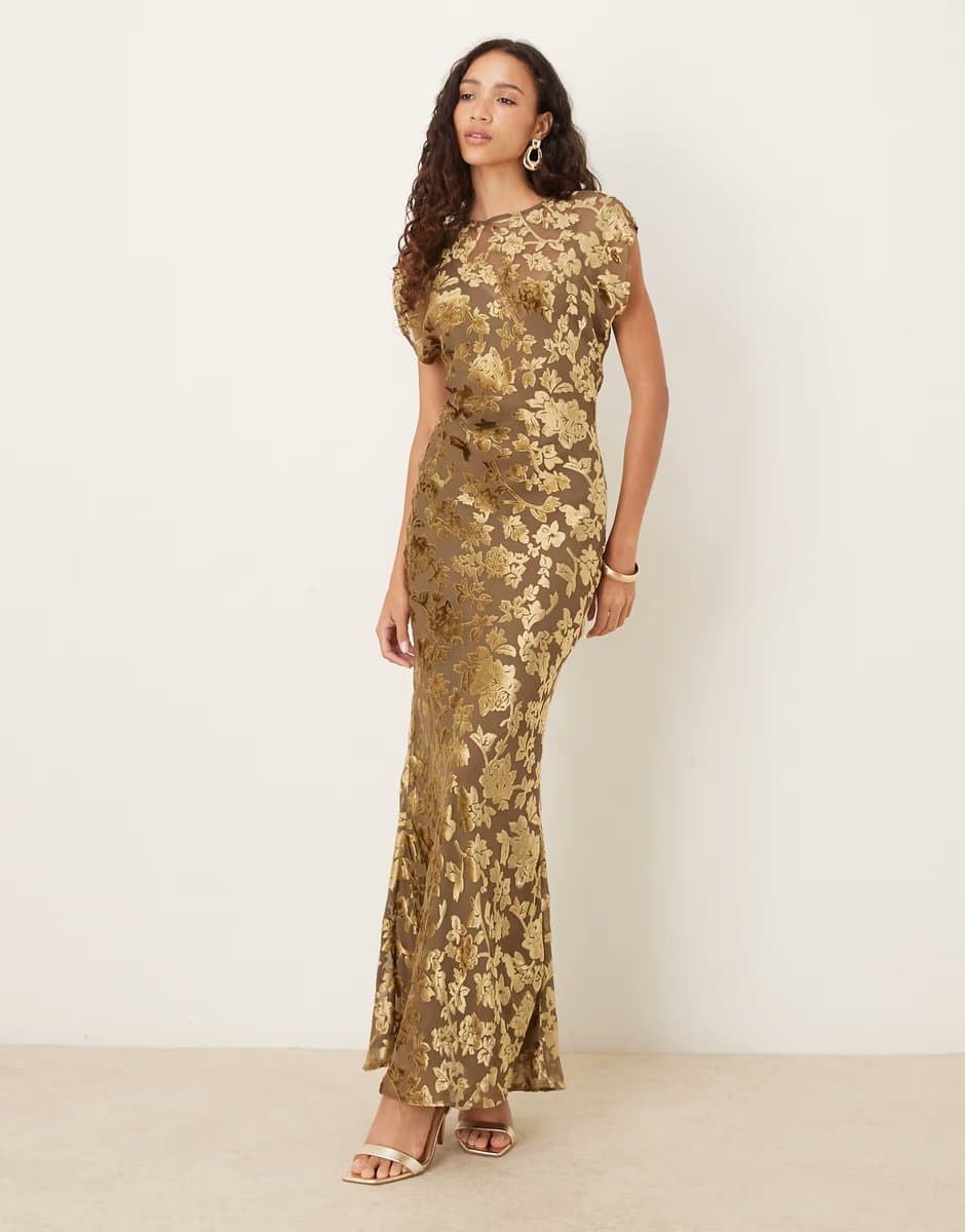 ASOS ASOS DESIGN velvet devore crew neck sleeveless maxi with tie back in mocha