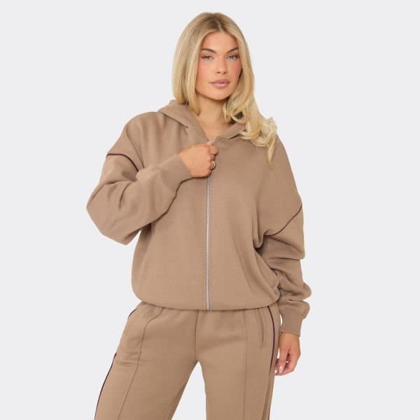 EGO Contrast Stripe Boxy Zip Up Hoodie In Stone, Women's Size UK 6