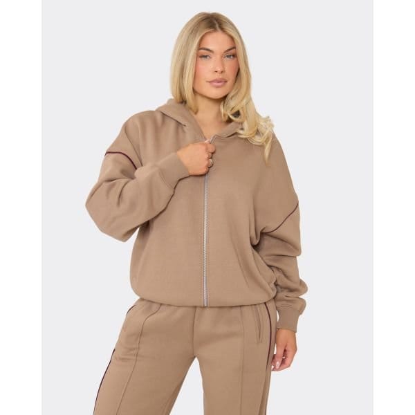 EGO Contrast Stripe Boxy Zip Up Hoodie In Stone, Women's Size UK 6 - 2