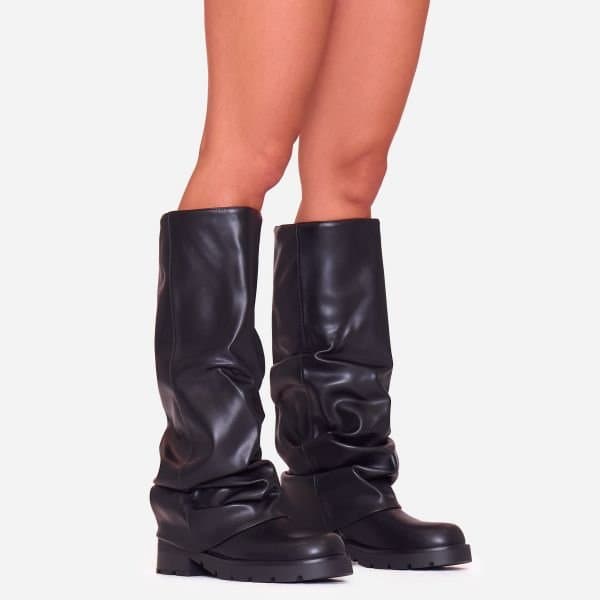 EGO Sonic Chunky Sole Layered Knee High Long Biker Boot In Black Faux Leather, Women's Size UK 3