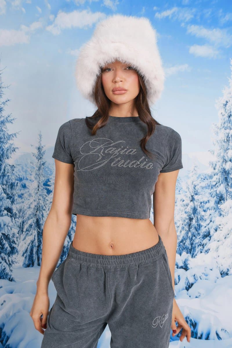 Kaiia Kaiia Studio Diamante Acid Wash Baby Tee Dark Grey