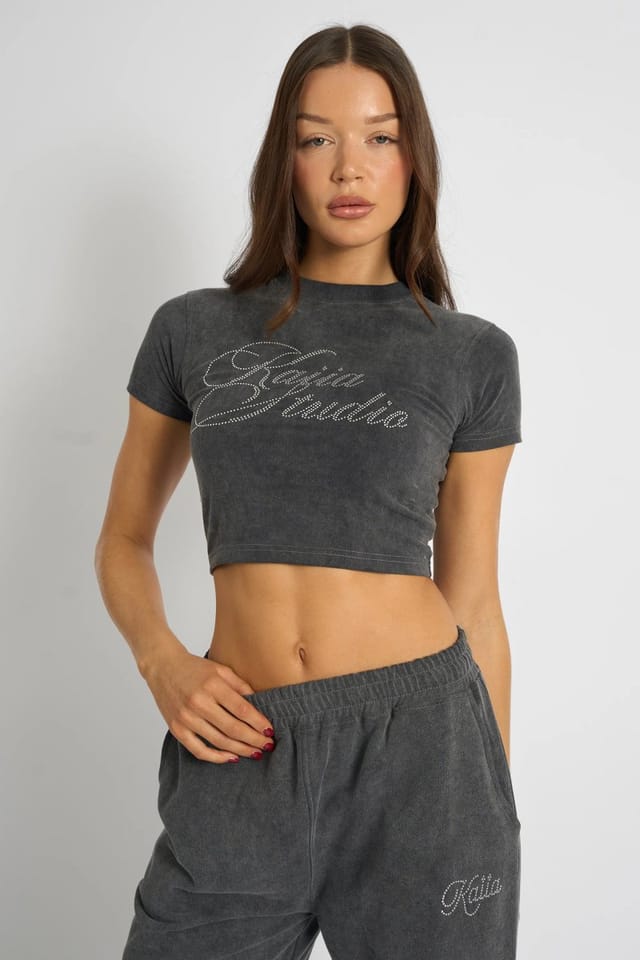 Kaiia Kaiia Studio Diamante Acid Wash Baby Tee Dark Grey - 2