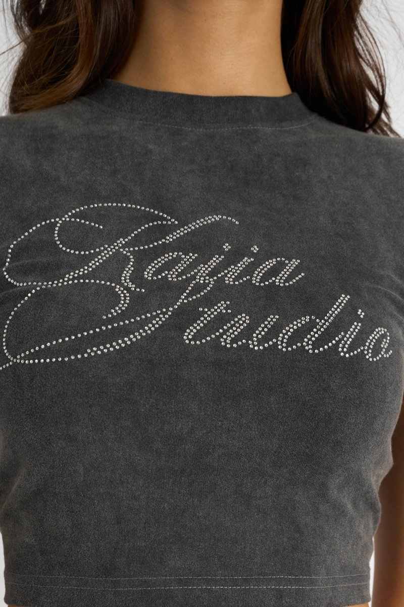 Kaiia Kaiia Studio Diamante Acid Wash Baby Tee Dark Grey - 4