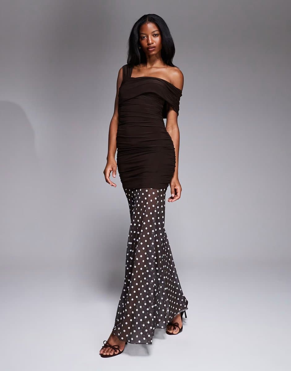 ASOS Kaiia exclusive double layered slinky asymmetric one shoulder sheer hem maxi dress in chocolate polka dot
