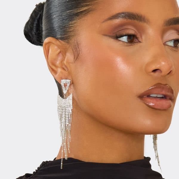 EGO EGO Triangle Detail Diamante Drop Earrings in Silver