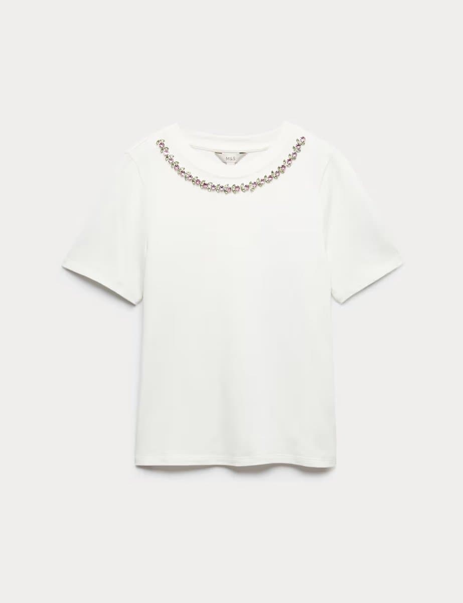 Marks & Spencer M&S Pure Cotton Floral Embellished T-Shirt Soft White
