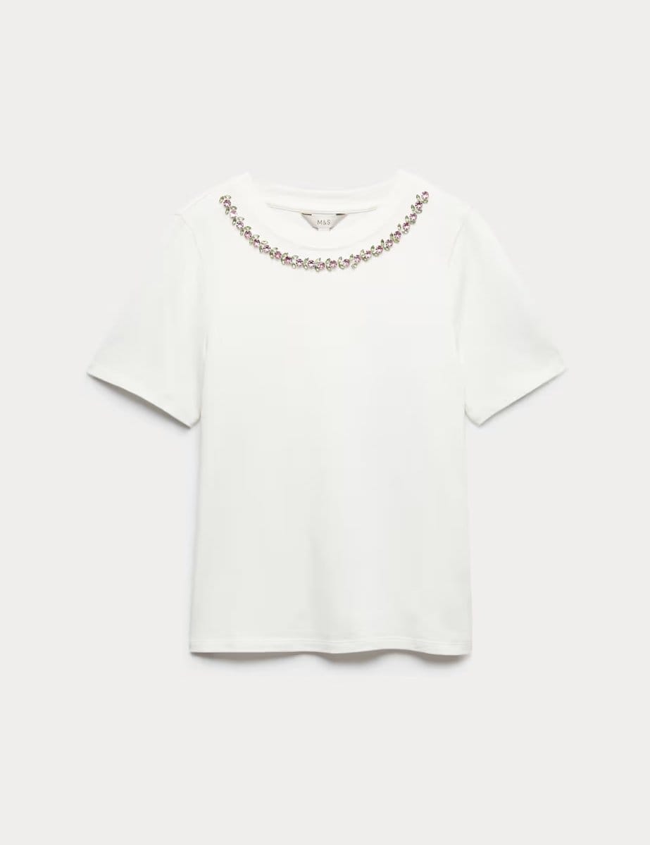 Marks & Spencer M&S Pure Cotton Floral Embellished T-Shirt Soft White - 1