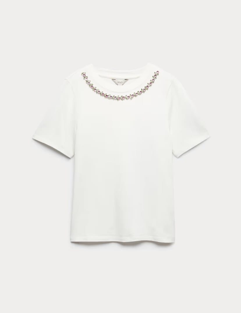 Marks & Spencer M&S Pure Cotton Floral Embellished T-Shirt Soft White - 1