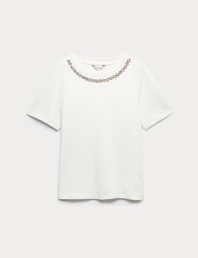 Marks & Spencer M&S Pure Cotton Floral Embellished T-Shirt Soft White - 2