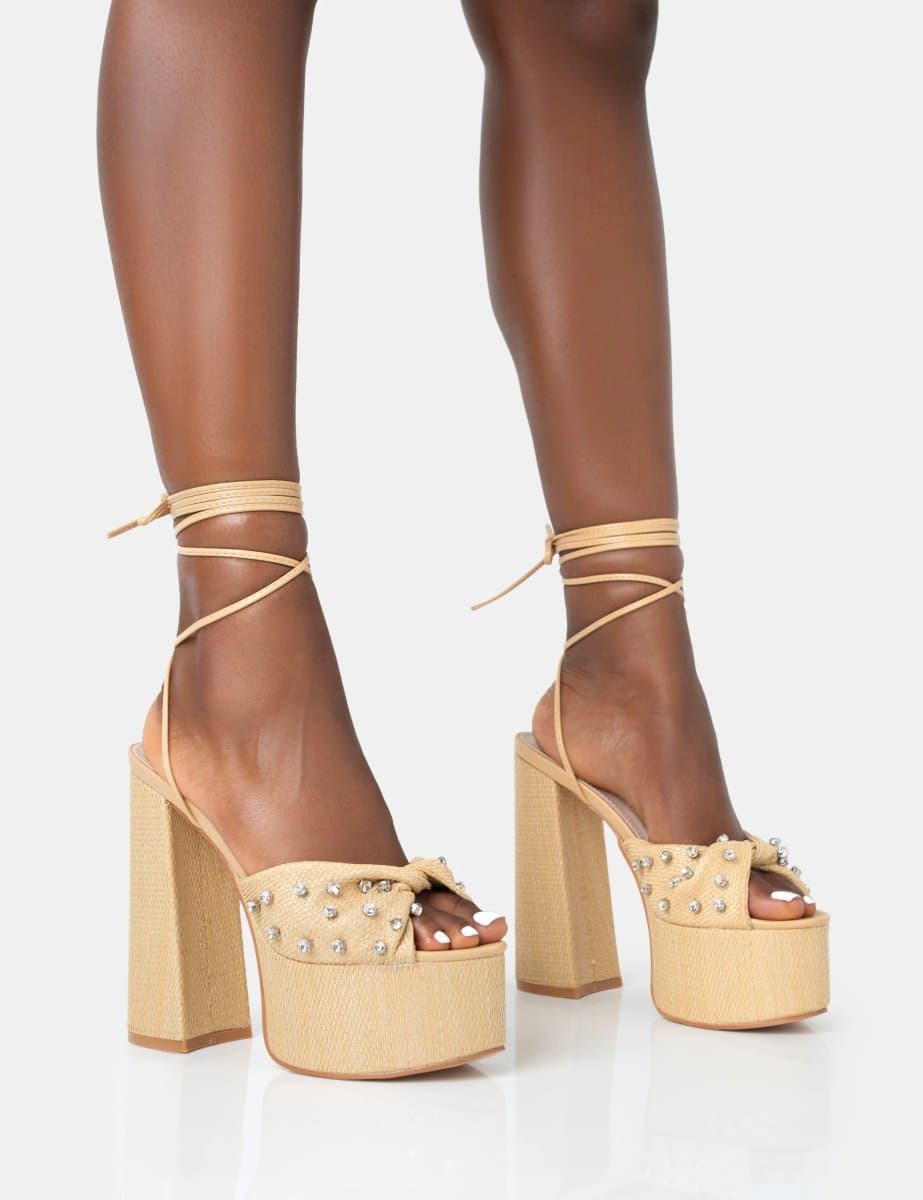Public Desire Crete Raffia Diamante Twist Strap Lace Up Platform Block Heels